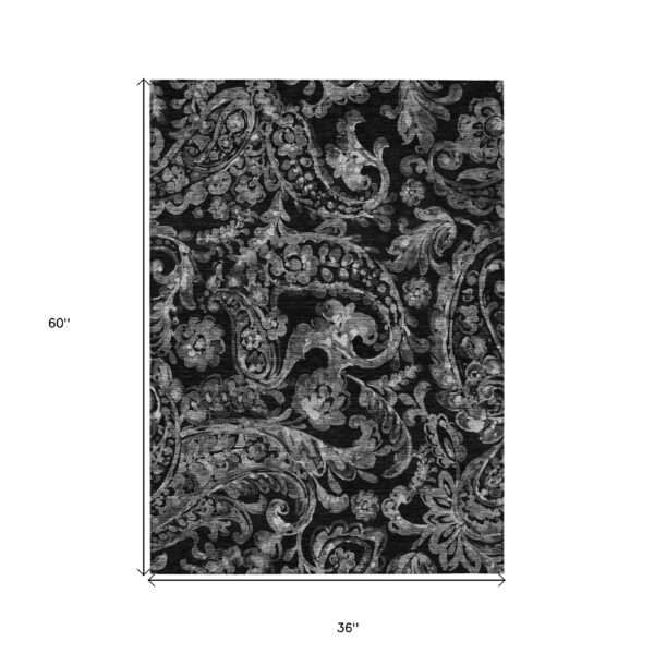 3' X 5' Black Gray And Charcoal Paisley Washable Indoor Outdoor Area Rug