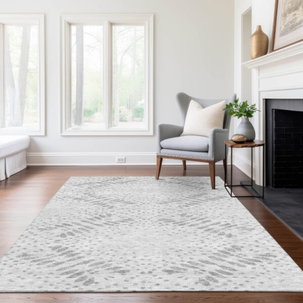 9' X 12' Gray And Silver Floral Washable Indoor Outdoor Area Rug
