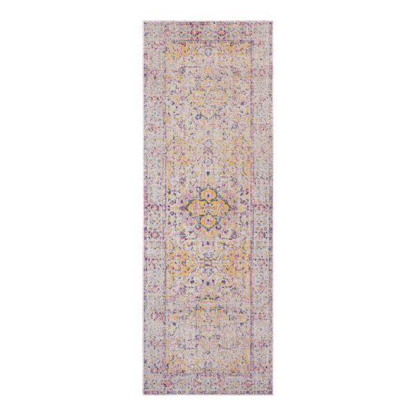 7' Yellow and Ivory Oriental Power Loom Runner Rug With Fringe