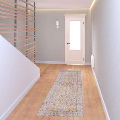 7' Yellow and Ivory Oriental Power Loom Runner Rug With Fringe