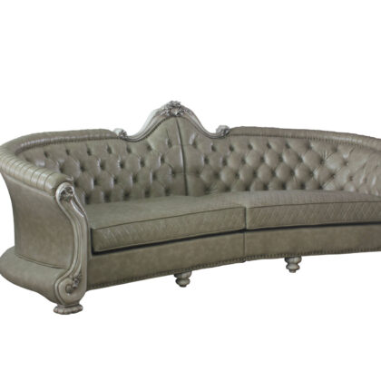 113" Vintage Bone Faux Leather And White Sofa With Seven Toss Pillows