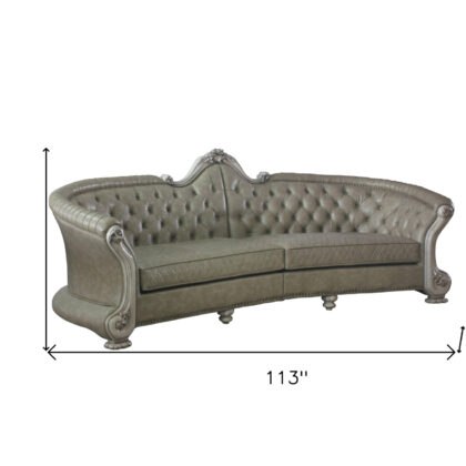 113" Vintage Bone Faux Leather And White Sofa With Seven Toss Pillows