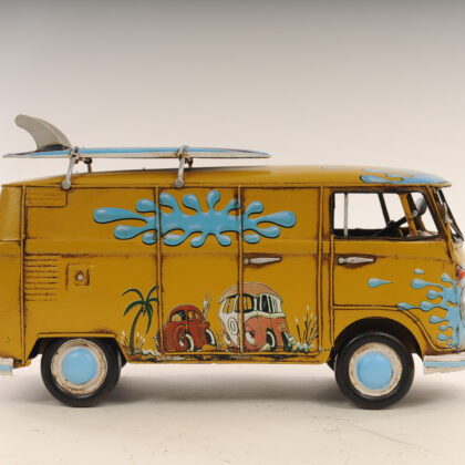 8" Blue and Yellow Metal c1967 Volkswagen Hand Painted Decorative Bus