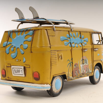 8" Blue and Yellow Metal c1967 Volkswagen Hand Painted Decorative Bus