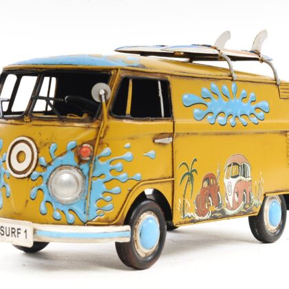 8" Blue and Yellow Metal c1967 Volkswagen Hand Painted Decorative Bus
