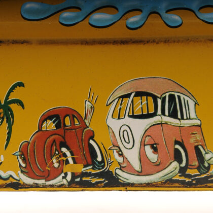 8" Blue and Yellow Metal c1967 Volkswagen Hand Painted Decorative Bus