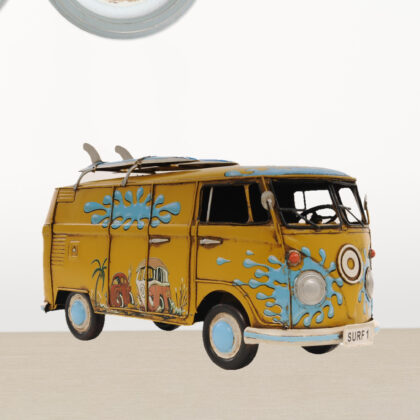 8" Blue and Yellow Metal c1967 Volkswagen Hand Painted Decorative Bus