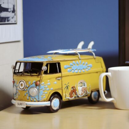 8" Blue and Yellow Metal c1967 Volkswagen Hand Painted Decorative Bus