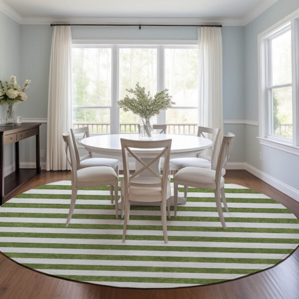 8' Round Olive Green Round Striped Washable Non Skid Indoor Outdoor Area Rug