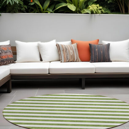 8' Round Olive Green Round Striped Washable Non Skid Indoor Outdoor Area Rug