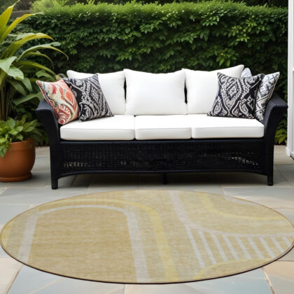 8' X 8' Beige Round Abstract Washable Indoor Outdoor Area Rug