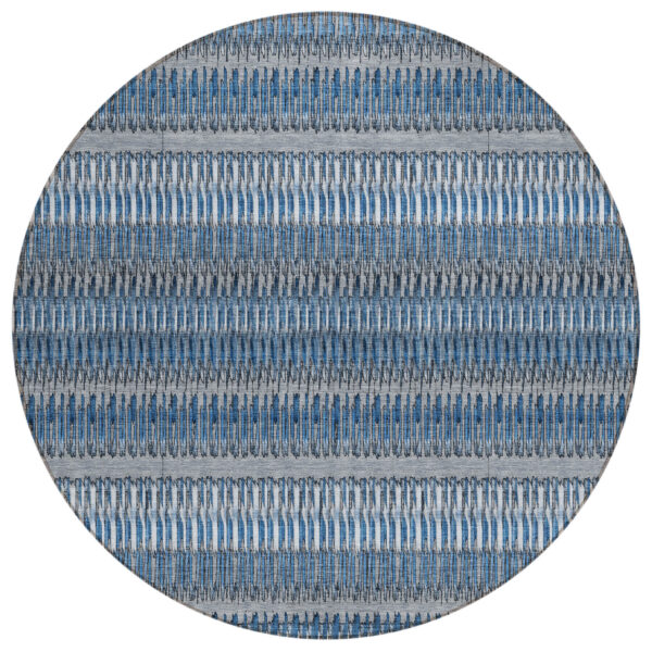 8' Denim Blue And Ivory Round Striped Washable Indoor Outdoor Area Rug