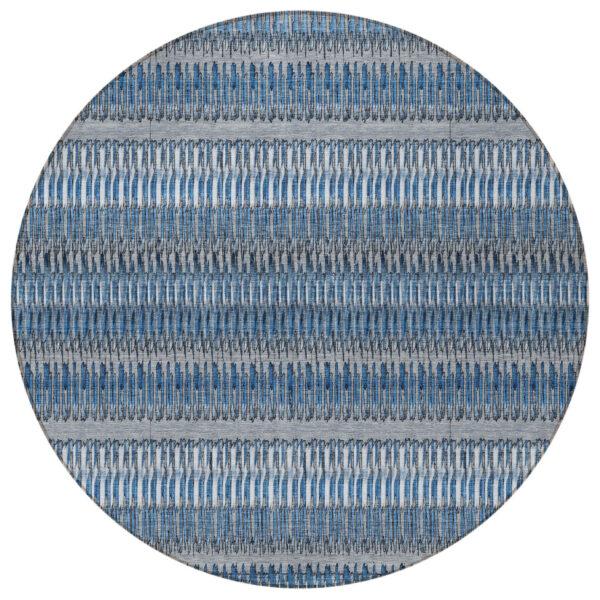 8' Denim Blue And Ivory Round Striped Washable Indoor Outdoor Area Rug