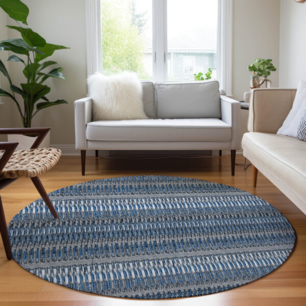 8' Denim Blue And Ivory Round Striped Washable Indoor Outdoor Area Rug
