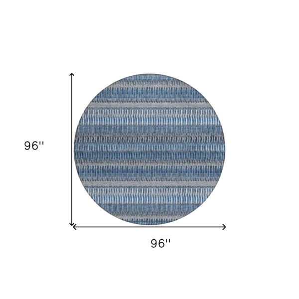 8' Denim Blue And Ivory Round Striped Washable Indoor Outdoor Area Rug