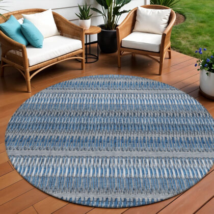 8' Denim Blue And Ivory Round Striped Washable Indoor Outdoor Area Rug