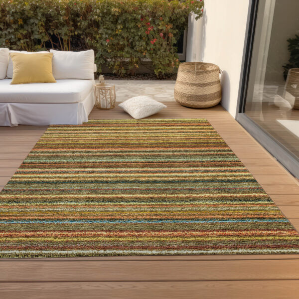 5' X 8' Coral Gold And Green Striped Washable Indoor Outdoor Area Rug