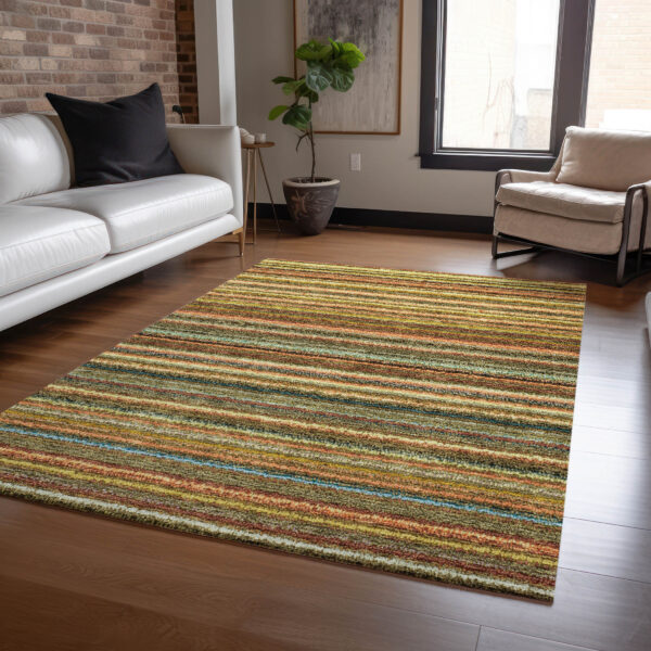 5' X 8' Coral Gold And Green Striped Washable Indoor Outdoor Area Rug