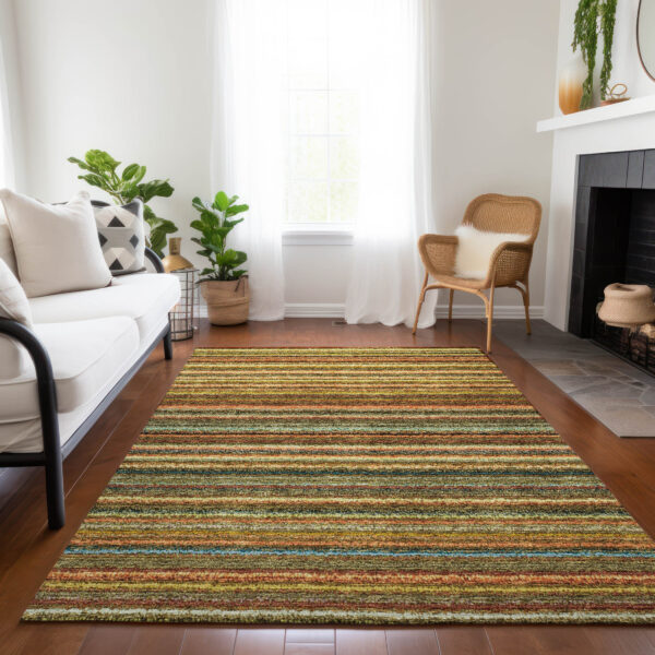 5' X 8' Coral Gold And Green Striped Washable Indoor Outdoor Area Rug