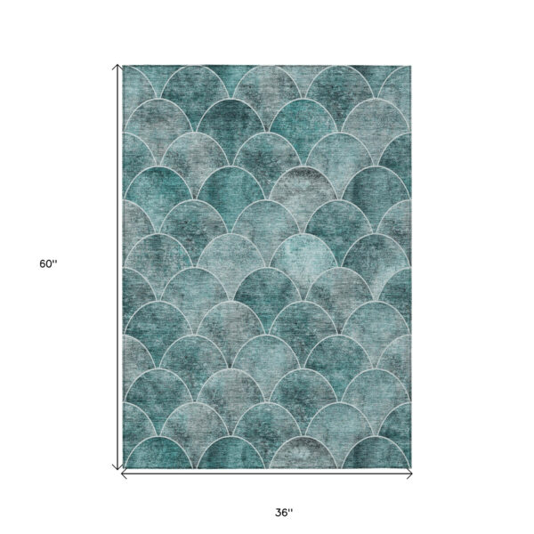 3' X 5' Teal Blue Aqua And Gray Abstract Washable Indoor Outdoor Area Rug