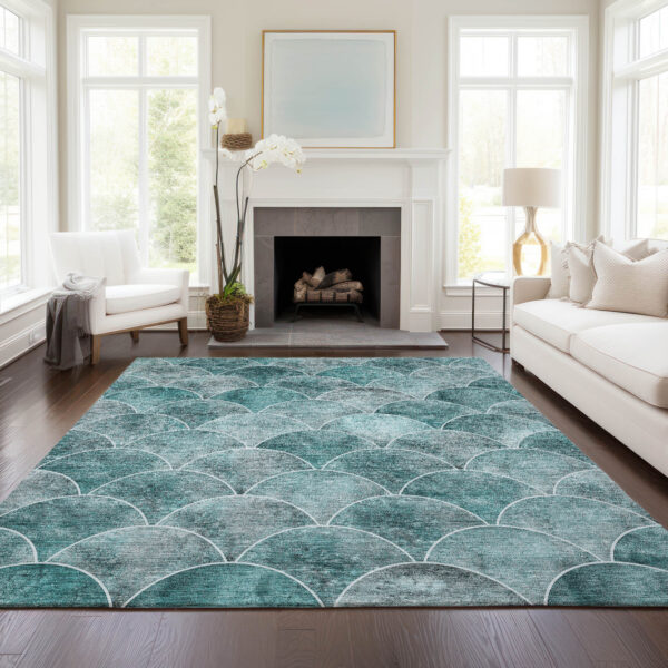 3' X 5' Teal Blue Aqua And Gray Abstract Washable Indoor Outdoor Area Rug