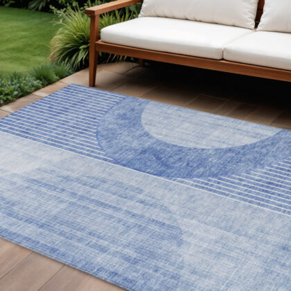 9' X 12' Denim Blue And Sky Blue Geometric Washable Indoor Outdoor Area Rug