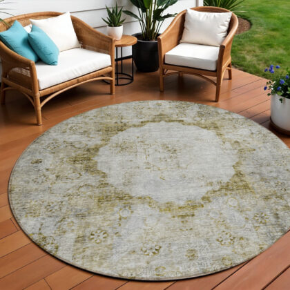8' Taupe Brown And Gray Round Oriental Washable Indoor Outdoor Area Rug