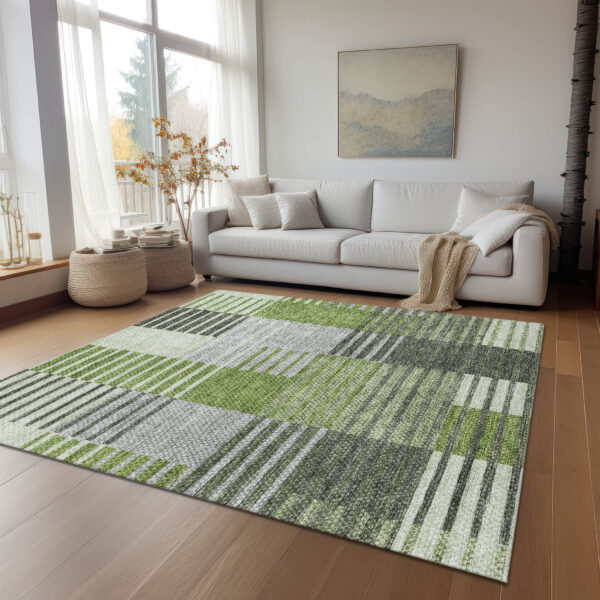 8' X 10' Green And Olive Green Striped Washable Indoor Outdoor Area Rug