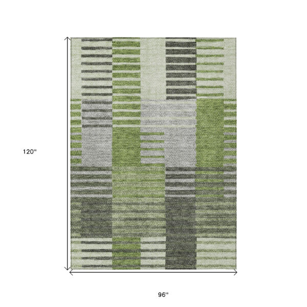 8' X 10' Green And Olive Green Striped Washable Indoor Outdoor Area Rug
