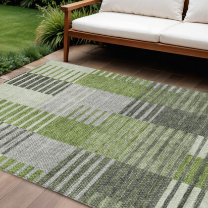 8' X 10' Green And Olive Green Striped Washable Indoor Outdoor Area Rug