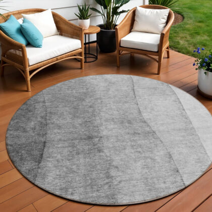 8' Gray Silver And Charcoal Round Ombre Washable Indoor Outdoor Area Rug