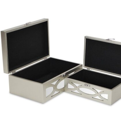 Set of Two Tan Oval Scroll Mirror Jewelry Storage Boxes