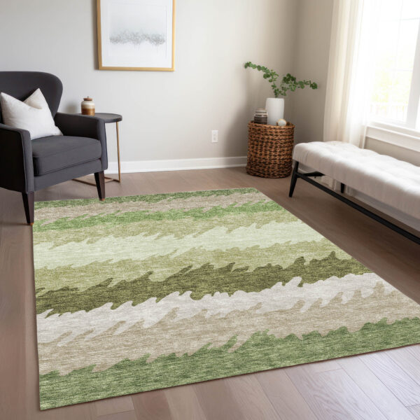 9' X 12' Beige And Olive Green Striped Washable Indoor Outdoor Area Rug
