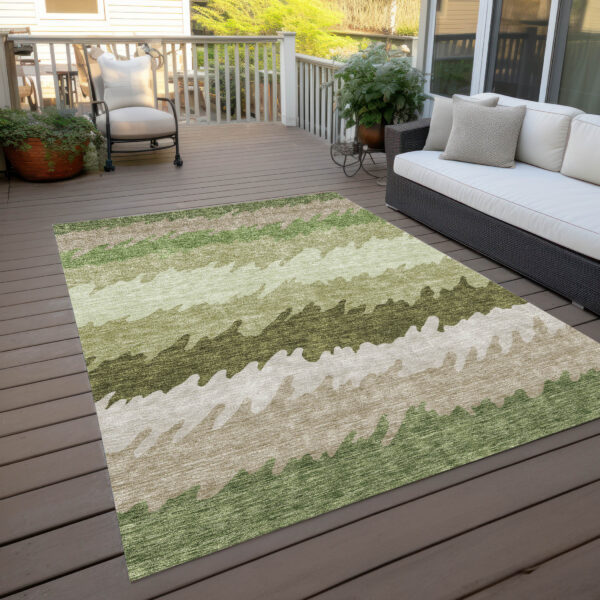 9' X 12' Beige And Olive Green Striped Washable Indoor Outdoor Area Rug