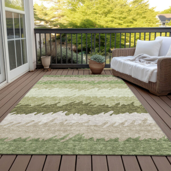 9' X 12' Beige And Olive Green Striped Washable Indoor Outdoor Area Rug