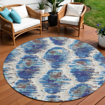 8' Denim Blue And Sky Blue Round Abstract Washable Indoor Outdoor Area Rug