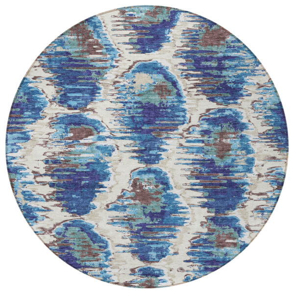 8' Denim Blue And Sky Blue Round Abstract Washable Indoor Outdoor Area Rug