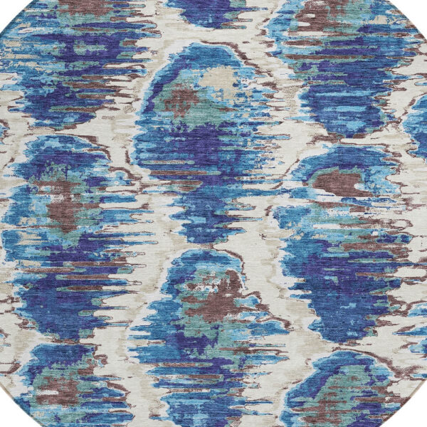 8' Denim Blue And Sky Blue Round Abstract Washable Indoor Outdoor Area Rug
