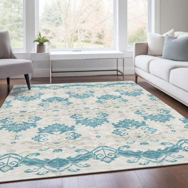 8' X 10' Teal Blue Silver And Gray Oriental Washable Indoor Outdoor Area Rug