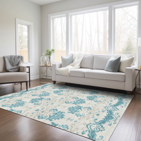 8' X 10' Teal Blue Silver And Gray Oriental Washable Indoor Outdoor Area Rug