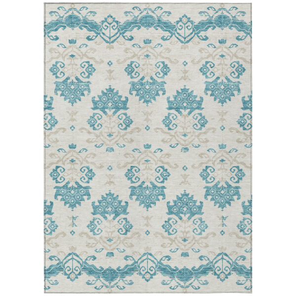 8' X 10' Teal Blue Silver And Gray Oriental Washable Indoor Outdoor Area Rug