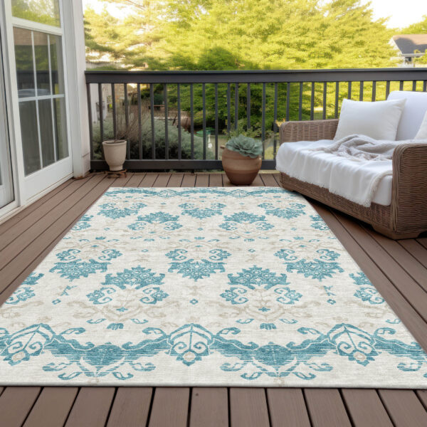 8' X 10' Teal Blue Silver And Gray Oriental Washable Indoor Outdoor Area Rug