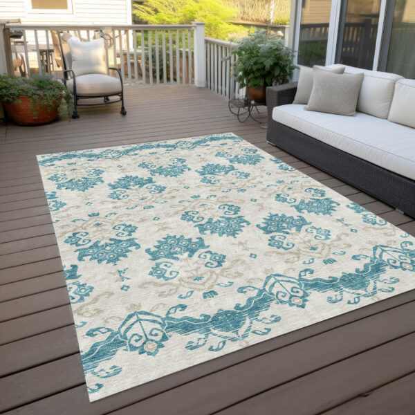 8' X 10' Teal Blue Silver And Gray Oriental Washable Indoor Outdoor Area Rug