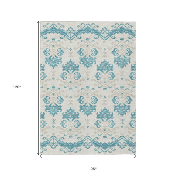 8' X 10' Teal Blue Silver And Gray Oriental Washable Indoor Outdoor Area Rug