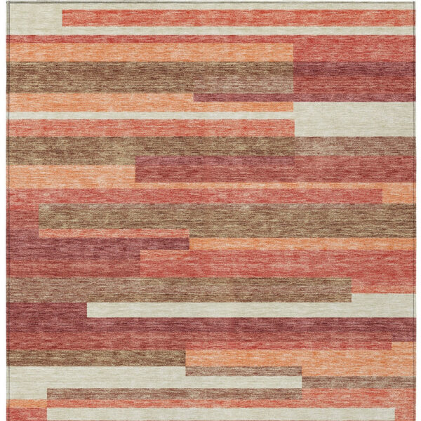 9' X 12' Coral Peach And Taupe Striped Washable Indoor Outdoor Area Rug