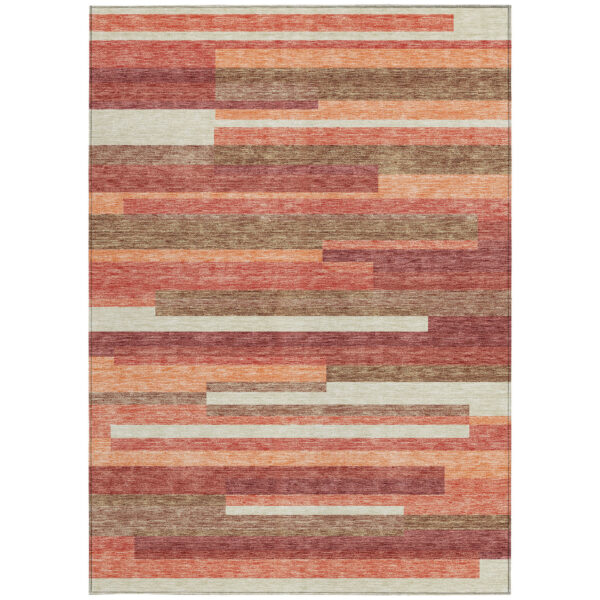 9' X 12' Coral Peach And Taupe Striped Washable Indoor Outdoor Area Rug