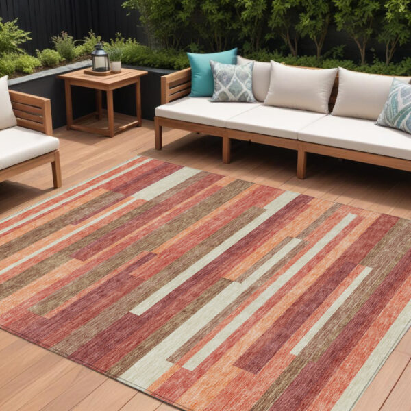 9' X 12' Coral Peach And Taupe Striped Washable Indoor Outdoor Area Rug