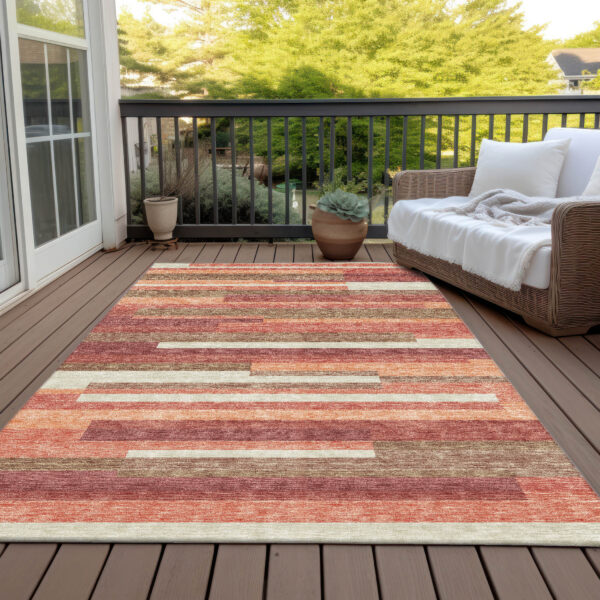9' X 12' Coral Peach And Taupe Striped Washable Indoor Outdoor Area Rug