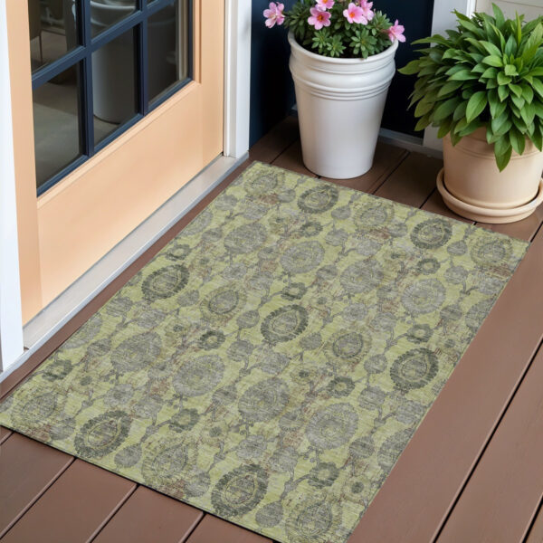 3' X 5' Artichoke Green Green And Gray Damask Washable Indoor Outdoor Area Rug