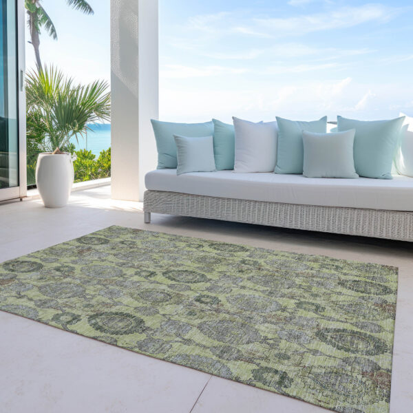 3' X 5' Artichoke Green Green And Gray Damask Washable Indoor Outdoor Area Rug